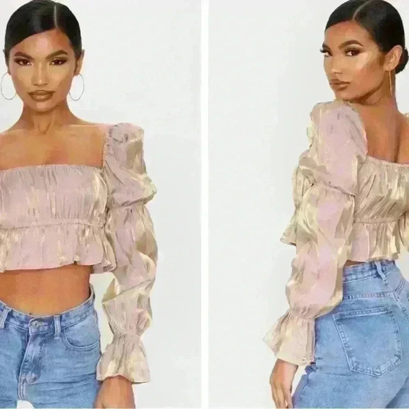 Pretty Little Thing Nude Metallic Ruched Waist Cropped Blouse Size 2/S Stretchy - Picture 3 of 7